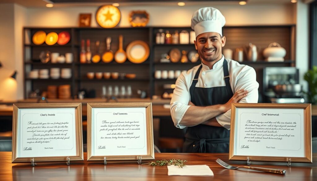 A beautifully arranged chef credibility testimonial display in a modern, well-lit restaurant setting. In the foreground, elegantly designed testimonial cards featuring client comments on crisp white paper, elegantly framed on a polished wooden table with a few decorative herbs and utensils. In the middle ground, a confident chef in a pristine white uniform and a black apron, smiling knowingly while standing next to the display, featuring warm tones and soft, diffused lighting that creates a welcoming atmosphere. In the background, softly blurred shelves holding culinary awards and a vibrant kitchen scene to signify expertise and professionalism. The overall mood is one of trust and authenticity, perfect for conveying credibility in the culinary arts. A beautifully arranged chef credibility testimonial display in a modern, well-lit restaurant setting. In the foreground, elegantly designed testimonial cards featuring client comments on crisp white paper, elegantly framed on a polished wooden table with a few decorative herbs and utensils. In the middle ground, a confident chef in a pristine white uniform and a black apron, smiling knowingly while standing next to the display, featuring warm tones and soft, diffused lighting that creates a welcoming atmosphere. In the background, softly blurred shelves holding culinary awards and a vibrant kitchen scene to signify expertise and professionalism. The overall mood is one of trust and authenticity, perfect for conveying credibility in the culinary arts.