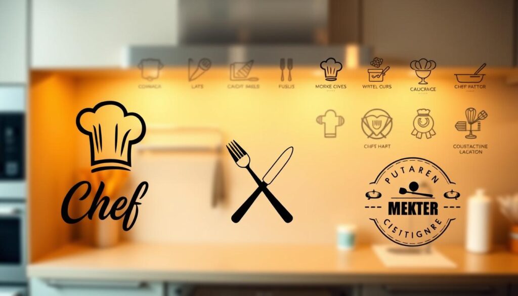 A collection of creative chef logo designs, showcasing diverse styles and concepts. In the foreground, feature three logo examples, each unique: one with a chef's hat integrated into a sleek script font, another displaying a fork and knife crossed elegantly, and the last utilizing a vintage badge style with culinary elements. In the middle ground, softly blurred outlines of additional logo ideas can be seen, emphasizing variety. The background should be a warm-toned kitchen setting, hinting at a professional atmosphere. Utilize soft, diffused lighting to create a welcoming ambiance, and consider a slightly overhead angle to capture both the logos and the kitchen environment harmoniously. The mood should be contemporary and inviting, highlighting creativity in culinary branding. A collection of creative chef logo designs, showcasing diverse styles and concepts. In the foreground, feature three logo examples, each unique: one with a chef's hat integrated into a sleek script font, another displaying a fork and knife crossed elegantly, and the last utilizing a vintage badge style with culinary elements. In the middle ground, softly blurred outlines of additional logo ideas can be seen, emphasizing variety. The background should be a warm-toned kitchen setting, hinting at a professional atmosphere. Utilize soft, diffused lighting to create a welcoming ambiance, and consider a slightly overhead angle to capture both the logos and the kitchen environment harmoniously. The mood should be contemporary and inviting, highlighting creativity in culinary branding.