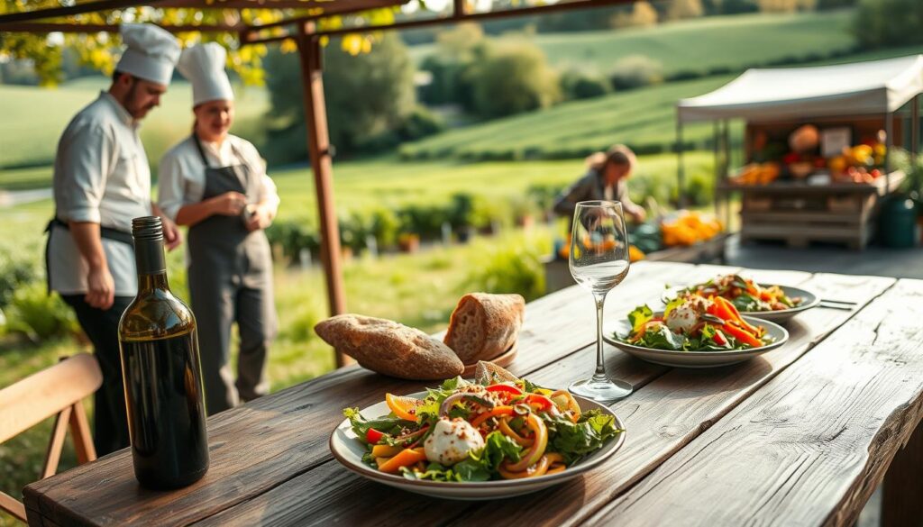 A cozy outdoor dining setting showcasing a seasonal chef's menu in collaboration with local farmers and artisans. In the foreground, a rustic wooden table is elegantly set with fresh dishes featuring vibrant, locally sourced vegetables and artisanal bread, with a bottle of wine and glasses nearby. The middle ground features a chef and a local farmer interacting, both dressed in professional attire, discussing the menu with enthusiasm. In the background, there are lush green fields and a small farmer's market stall, filled with colorful produce under soft, natural lighting that casts a warm glow over the scene. The atmosphere is inviting and collaborative, reflecting a community spirit of partnership and seasonal celebration.
