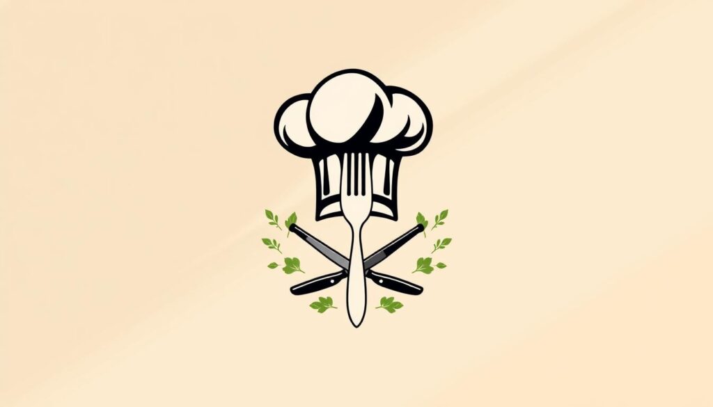 A modern chef logo design featuring a stylized chef’s hat integrated with a knife and fork, centered in the foreground. The hat should be fluffy and exaggerated, creating a playful yet professional vibe. In the middle ground, include culinary elements like fresh herbs or vegetables delicately surrounding the logo, enhancing the theme of gastronomy. The background should be a soft, muted gradient, perhaps light beige to evoke a clean kitchen atmosphere. Use bright, natural lighting to illuminate the logo, casting gentle shadows that add depth. Capture the image at a slight angle to create a dynamic feel. The overall mood should convey creativity and professionalism, making it suitable for a branding project focused on chefs. A modern chef logo design featuring a stylized chef’s hat integrated with a knife and fork, centered in the foreground. The hat should be fluffy and exaggerated, creating a playful yet professional vibe. In the middle ground, include culinary elements like fresh herbs or vegetables delicately surrounding the logo, enhancing the theme of gastronomy. The background should be a soft, muted gradient, perhaps light beige to evoke a clean kitchen atmosphere. Use bright, natural lighting to illuminate the logo, casting gentle shadows that add depth. Capture the image at a slight angle to create a dynamic feel. The overall mood should convey creativity and professionalism, making it suitable for a branding project focused on chefs.