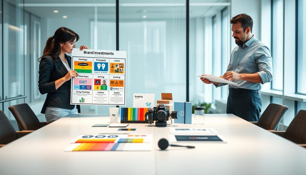 A modern office setting with a large conference table in the foreground, showcasing a detailed cost-benefit analysis of brand investments. On one side, a professional woman in business attire is presenting a chart with colorful logos and photography examples, highlighting the advantages of hiring professionals. On the opposite side, a man in smart casual clothing reviews DIY branding elements, comparing potential cost savings. In the middle ground, an elegant display of branding materials, including vibrant color palettes, logo designs, and a camera, emphasizes the creative process. The background features large windows letting in soft, natural light, creating an inspiring and motivational atmosphere. The image should convey a sense of collaboration and professional strategy, capturing the essence of careful branding decisions for chefs. A modern office setting with a large conference table in the foreground, showcasing a detailed cost-benefit analysis of brand investments. On one side, a professional woman in business attire is presenting a chart with colorful logos and photography examples, highlighting the advantages of hiring professionals. On the opposite side, a man in smart casual clothing reviews DIY branding elements, comparing potential cost savings. In the middle ground, an elegant display of branding materials, including vibrant color palettes, logo designs, and a camera, emphasizes the creative process. The background features large windows letting in soft, natural light, creating an inspiring and motivational atmosphere. The image should convey a sense of collaboration and professional strategy, capturing the essence of careful branding decisions for chefs.