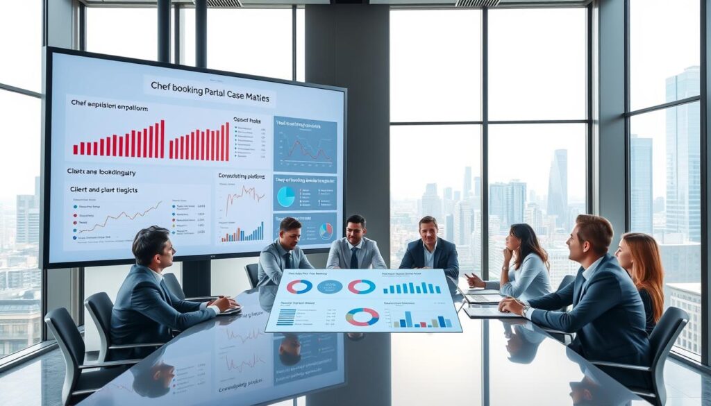 A modern, sleek conference room with a large digital presentation screen displaying various analytics and case studies related to chef booking platforms. In the foreground, a diverse group of professionals in business attire are gathered around a polished table, analyzing data. The middle ground features detailed charts and graphs highlighting key metrics like client acquisition and engagement rates. In the background, large windows let in natural light, showcasing a cityscape outside, creating a vibrant atmosphere. The scene conveys a sense of collaboration and innovation, with soft, focused lighting to emphasize the screens and expressions of the participants. The angle captures the dynamic interaction among team members as they discuss strategies.