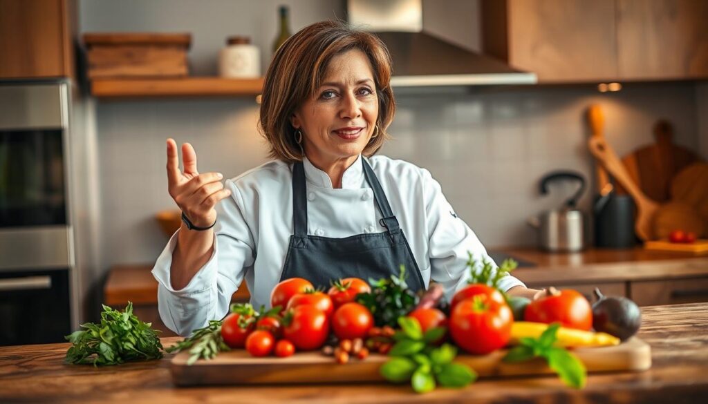 A passionate chef in a modern kitchen, artistically presenting ingredients on a rustic wooden counter. The chef, a middle-aged woman with shoulder-length brown hair, wears a crisp white chef's coat and a black apron. She's in a storytelling pose, gesturing lightly with one hand while holding a wooden spoon in the other, showcasing her enthusiasm for culinary arts. The middle ground features vibrant, fresh ingredients—tomatoes, herbs, and spices—arranged beautifully. The background reveals a well-organized kitchen with appliance details blurred to maintain focus on the chef. Soft, warm lighting enhances the inviting atmosphere, evoking a sense of creativity and personal connection. The angle is slightly elevated, capturing both the chef and her colorful workspace, inviting viewers into her culinary journey. A passionate chef in a modern kitchen, artistically presenting ingredients on a rustic wooden counter. The chef, a middle-aged woman with shoulder-length brown hair, wears a crisp white chef's coat and a black apron. She's in a storytelling pose, gesturing lightly with one hand while holding a wooden spoon in the other, showcasing her enthusiasm for culinary arts. The middle ground features vibrant, fresh ingredients—tomatoes, herbs, and spices—arranged beautifully. The background reveals a well-organized kitchen with appliance details blurred to maintain focus on the chef. Soft, warm lighting enhances the inviting atmosphere, evoking a sense of creativity and personal connection. The angle is slightly elevated, capturing both the chef and her colorful workspace, inviting viewers into her culinary journey.