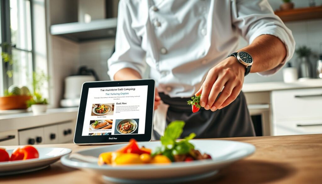A professional chef in a modern kitchen is preparing a beautifully plated gourmet meal. In the foreground, focus on the chef's hands skillfully arranging fresh ingredients, showcasing vibrant colors and textures. The middle layer features a digital device, such as a tablet or laptop, displaying an enticing email marketing campaign, with mouthwatering images of food and a prominent "Book Now" button highlighted. In the background, the kitchen is bright and inviting, with stylish appliances and herbs growing on the windowsill. Soft, natural lighting enhances the atmosphere, creating a warm and inviting mood that conveys professionalism and culinary passion. The chef is dressed in a crisp chef jacket and apron, embodying professionalism and expertise.