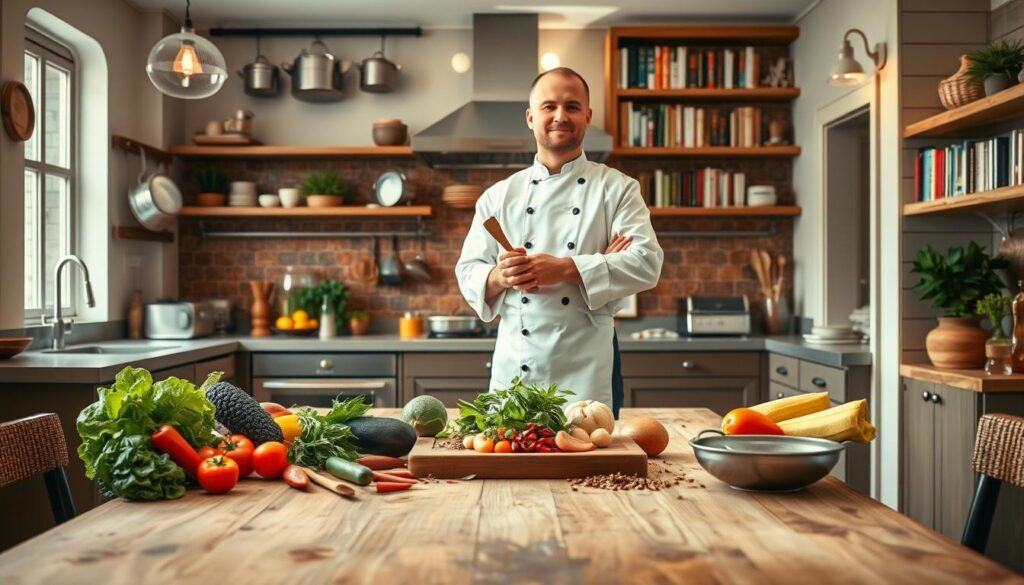 A professional chef in a warm, inviting kitchen, showcasing a rich tapestry of culinary experience. In the foreground, the chef stands confidently, wearing a crisp white chef's jacket, black pants, and a classic white apron, holding a wooden spoon. In the middle, a wooden table is adorned with fresh ingredients—vibrant vegetables, aromatic herbs, and spices, symbolizing the essence of cooking. The background features an elegant kitchen with stainless steel appliances, hanging pots, and shelves filled with cookbooks, enhancing the atmosphere. Soft, natural light streams in from a window, creating an inviting ambiance. The scene conveys passion and dedication to the culinary arts, capturing the essence of a chef's journey and the joy of cooking. A professional chef in a warm, inviting kitchen, showcasing a rich tapestry of culinary experience. In the foreground, the chef stands confidently, wearing a crisp white chef's jacket, black pants, and a classic white apron, holding a wooden spoon. In the middle, a wooden table is adorned with fresh ingredients—vibrant vegetables, aromatic herbs, and spices, symbolizing the essence of cooking. The background features an elegant kitchen with stainless steel appliances, hanging pots, and shelves filled with cookbooks, enhancing the atmosphere. Soft, natural light streams in from a window, creating an inviting ambiance. The scene conveys passion and dedication to the culinary arts, capturing the essence of a chef's journey and the joy of cooking.