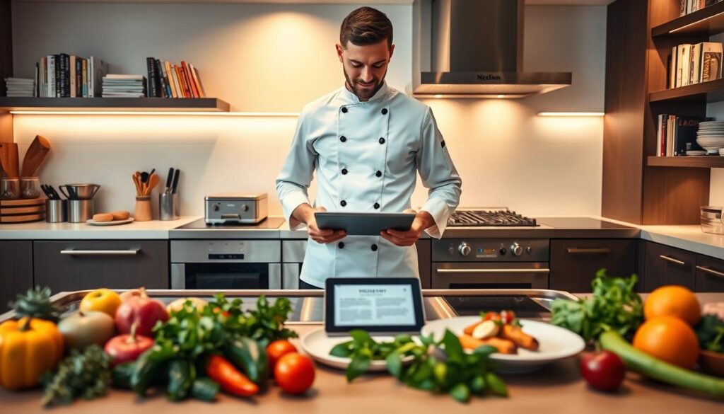 A professional chef standing confidently in a modern kitchen, dressed in a sharp white chef's coat and black pants, reviewing a digital tablet displaying their updated biography. The foreground features fresh ingredients like vibrant vegetables, fragrant herbs, and neatly arranged kitchen tools. In the middle ground, a stylish countertop is adorned with a sleek tablet and a plate with an artistic dish, symbolizing culinary creativity. The background showcases a well-lit kitchen environment with stainless steel appliances and shelves filled with cookbooks, creating an inviting atmosphere. The lighting is warm and soft, highlighting the chef's focused expression as they reflect on their culinary journey. The overall mood is inspiring and professional, perfect for showcasing the importance of keeping chef bios updated. A professional chef standing confidently in a modern kitchen, dressed in a sharp white chef's coat and black pants, reviewing a digital tablet displaying their updated biography. The foreground features fresh ingredients like vibrant vegetables, fragrant herbs, and neatly arranged kitchen tools. In the middle ground, a stylish countertop is adorned with a sleek tablet and a plate with an artistic dish, symbolizing culinary creativity. The background showcases a well-lit kitchen environment with stainless steel appliances and shelves filled with cookbooks, creating an inviting atmosphere. The lighting is warm and soft, highlighting the chef's focused expression as they reflect on their culinary journey. The overall mood is inspiring and professional, perfect for showcasing the importance of keeping chef bios updated.