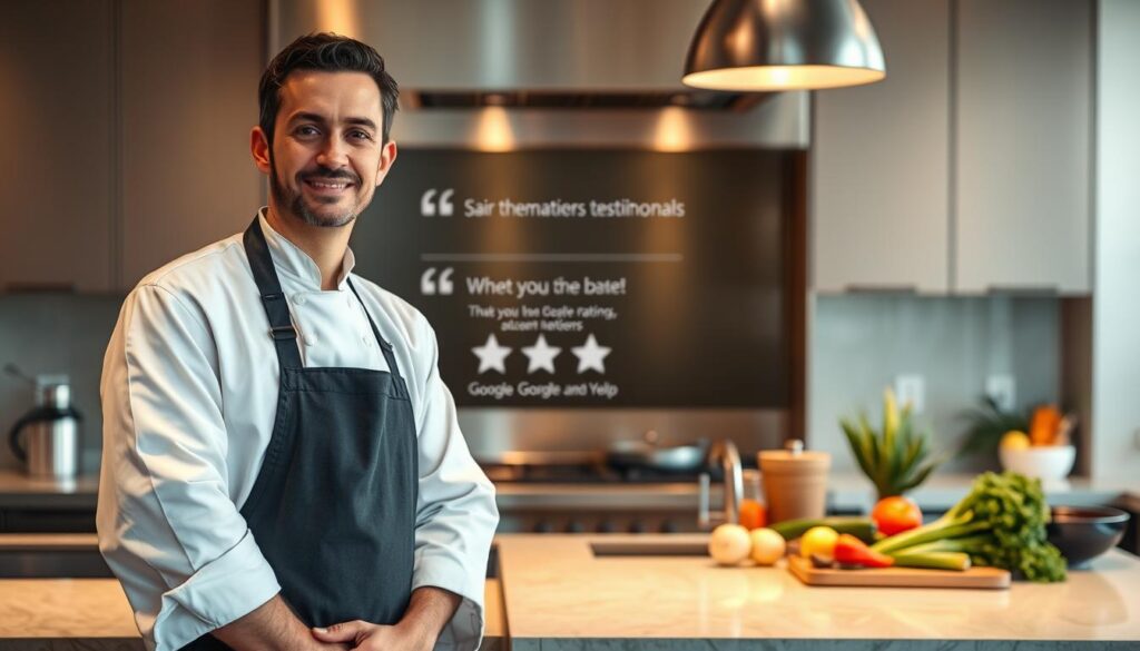 A professional chef standing confidently in a modern kitchen, positioned in the foreground. The chef is dressed in a crisp white chef’s coat and a black apron, reflecting a polished and credible image. In the middle ground, a wall display highlights glowing testimonials and star ratings from Google and Yelp, visually showcasing client reviews. The background features elegant stainless steel appliances and fresh ingredients arranged artfully, emphasizing culinary excellence. Soft, warm lighting bathes the scene, creating an inviting atmosphere. The angle of the image is slightly elevated, offering a dynamic perspective that leads the viewer's eye from the chef to the testimonials. The overall mood is one of professionalism and trustworthiness, aiming to convey the chef's credibility in the culinary field. A professional chef standing confidently in a modern kitchen, positioned in the foreground. The chef is dressed in a crisp white chef’s coat and a black apron, reflecting a polished and credible image. In the middle ground, a wall display highlights glowing testimonials and star ratings from Google and Yelp, visually showcasing client reviews. The background features elegant stainless steel appliances and fresh ingredients arranged artfully, emphasizing culinary excellence. Soft, warm lighting bathes the scene, creating an inviting atmosphere. The angle of the image is slightly elevated, offering a dynamic perspective that leads the viewer's eye from the chef to the testimonials. The overall mood is one of professionalism and trustworthiness, aiming to convey the chef's credibility in the culinary field.