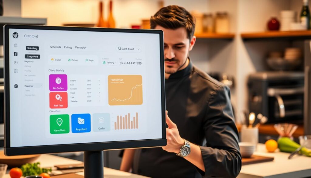 A sleek and modern online chef booking dashboard displayed on a high-resolution monitor. In the foreground, vibrant icons representing various features like scheduling, client messaging, and booking statistics are clearly visible. The middle layer showcases a professional-looking chef in business casual attire, engaged with the dashboard. Their expression is focused and confident, reflecting the efficiency of managing client bookings. In the background, a soft-focus kitchen environment adds a culinary touch, featuring a well-organized workspace with ingredients and utensils. The lighting is warm and inviting, creating a productive atmosphere. Capture the scene from a slight overhead angle to provide depth and context, ensuring that everything appears cohesive and professional, highlighting the theme of efficient booking management.