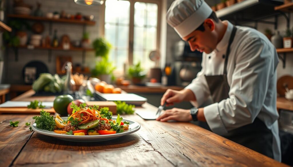 A vibrant kitchen scene featuring a professional chef, dressed in a crisp white chef's coat and hat, expertly plating a colorful dish on a rustic wooden table. In the foreground, a close-up of a beautifully arranged plate of gourmet food, showcasing vibrant ingredients like fresh herbs, colorful vegetables, and delicate sauces. In the middle ground, the chef is engaged in the creative process, with various kitchen tools and fresh produce scattered around, indicating a lively cooking atmosphere. In the background, soft natural light filters through a window, creating a warm and inviting ambiance that encourages creativity and passion in culinary arts. The mood is energetic yet focused, perfect for inspiring social media content ideas. A vibrant kitchen scene featuring a professional chef, dressed in a crisp white chef's coat and hat, expertly plating a colorful dish on a rustic wooden table. In the foreground, a close-up of a beautifully arranged plate of gourmet food, showcasing vibrant ingredients like fresh herbs, colorful vegetables, and delicate sauces. In the middle ground, the chef is engaged in the creative process, with various kitchen tools and fresh produce scattered around, indicating a lively cooking atmosphere. In the background, soft natural light filters through a window, creating a warm and inviting ambiance that encourages creativity and passion in culinary arts. The mood is energetic yet focused, perfect for inspiring social media content ideas.