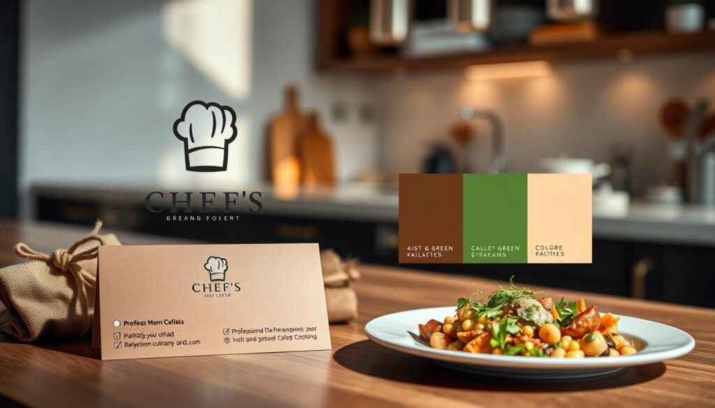 A visually striking arrangement showcasing the concept of brand consistency for chefs. In the foreground, a beautifully designed chef's logo prominently displayed on a sophisticated business card next to a fresh plate of gourmet food, emphasizing professional culinary artistry. In the middle ground, a color palette swatch featuring complementary tones of earthy greens, rich browns, and soft creams, symbolizing the natural ingredients often used in cooking. In the background, a subtle blurred image of a modern kitchen with warm lighting, creating an inviting and professional atmosphere. The scene is captured from a slightly elevated angle with natural light illuminating the textures, projecting a mood of professionalism and culinary passion that resonates with branding professionalism. A visually striking arrangement showcasing the concept of brand consistency for chefs. In the foreground, a beautifully designed chef's logo prominently displayed on a sophisticated business card next to a fresh plate of gourmet food, emphasizing professional culinary artistry. In the middle ground, a color palette swatch featuring complementary tones of earthy greens, rich browns, and soft creams, symbolizing the natural ingredients often used in cooking. In the background, a subtle blurred image of a modern kitchen with warm lighting, creating an inviting and professional atmosphere. The scene is captured from a slightly elevated angle with natural light illuminating the textures, projecting a mood of professionalism and culinary passion that resonates with branding professionalism.