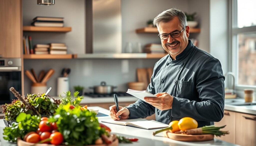 A well-dressed, confident chef stands at a modern kitchen counter, surrounded by fresh ingredients and cooking tools. The chef, a middle-aged individual with a warm smile, is engaged in writing on a notepad, reflecting a moment of creativity and focus. In the foreground, colorful herbs, spices, and vegetables create a vibrant display, emphasizing the importance of quality ingredients in culinary arts. The background features sleek kitchen appliances and shelves stacked with cookbooks, subtly hinting at knowledge and expertise. Soft, natural lighting streams through a window, casting gentle shadows and highlighting the chef's professional attire. The overall mood is inspiring and inviting, capturing the essence of blending culinary passion with effective communication for SEO. A well-dressed, confident chef stands at a modern kitchen counter, surrounded by fresh ingredients and cooking tools. The chef, a middle-aged individual with a warm smile, is engaged in writing on a notepad, reflecting a moment of creativity and focus. In the foreground, colorful herbs, spices, and vegetables create a vibrant display, emphasizing the importance of quality ingredients in culinary arts. The background features sleek kitchen appliances and shelves stacked with cookbooks, subtly hinting at knowledge and expertise. Soft, natural lighting streams through a window, casting gentle shadows and highlighting the chef's professional attire. The overall mood is inspiring and inviting, capturing the essence of blending culinary passion with effective communication for SEO.